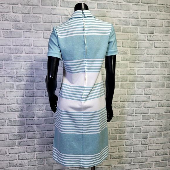 Vintage 70s Leslie‎ Fay Womens M Turquoise White Striped Dbl Knit Poly Dress - Picture 7 of 9
